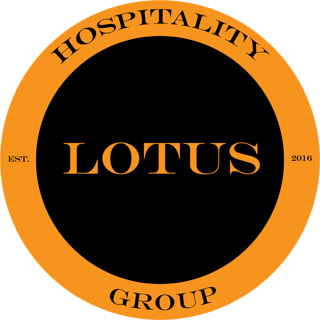 The Lotus Hospitality Group seal: an orange ring reading Hospitality Group, Est. 2016, around the word Lotus